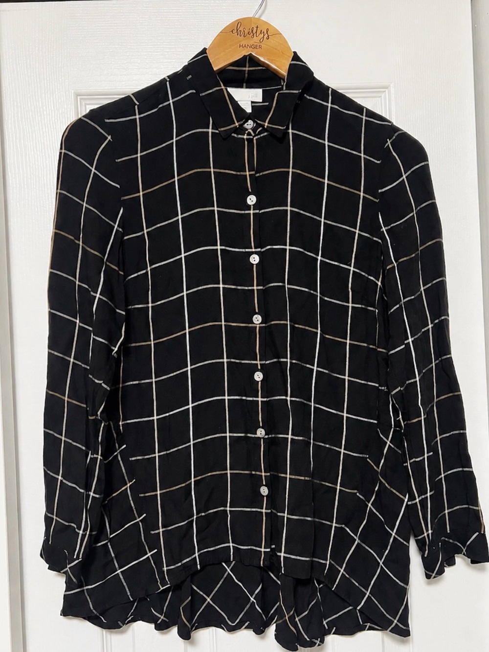 J.Jill Black Windowpane Plaid Button Front Peplum Blouse XS Petite